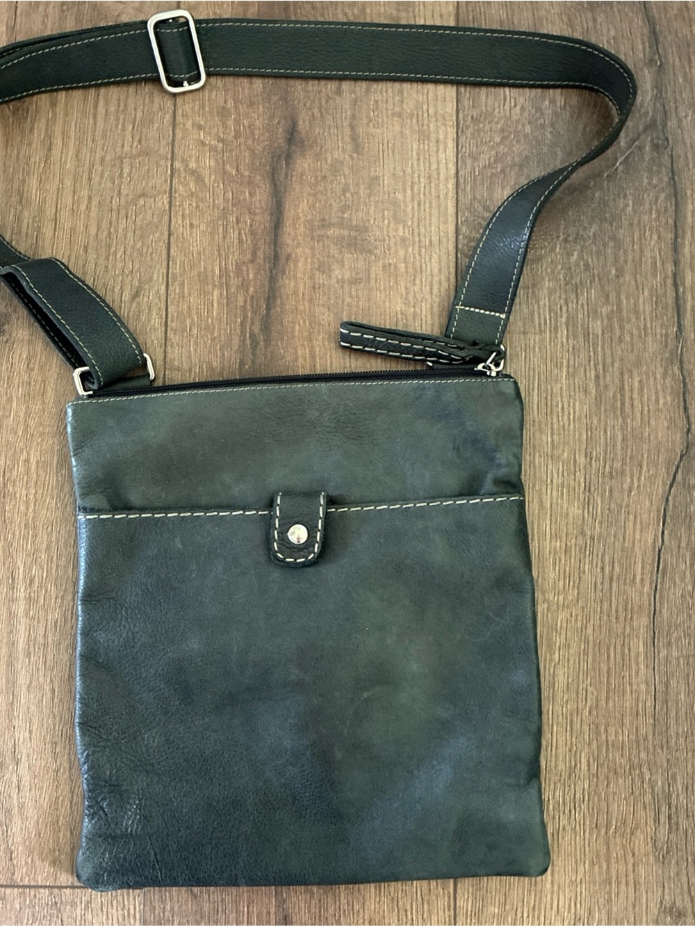 Roots Gray Leather Crossbody Bag with Contrast Stitching